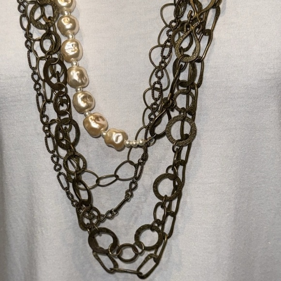 Long multi strand chain faux pearl statement necklace - Picture 6 of 8